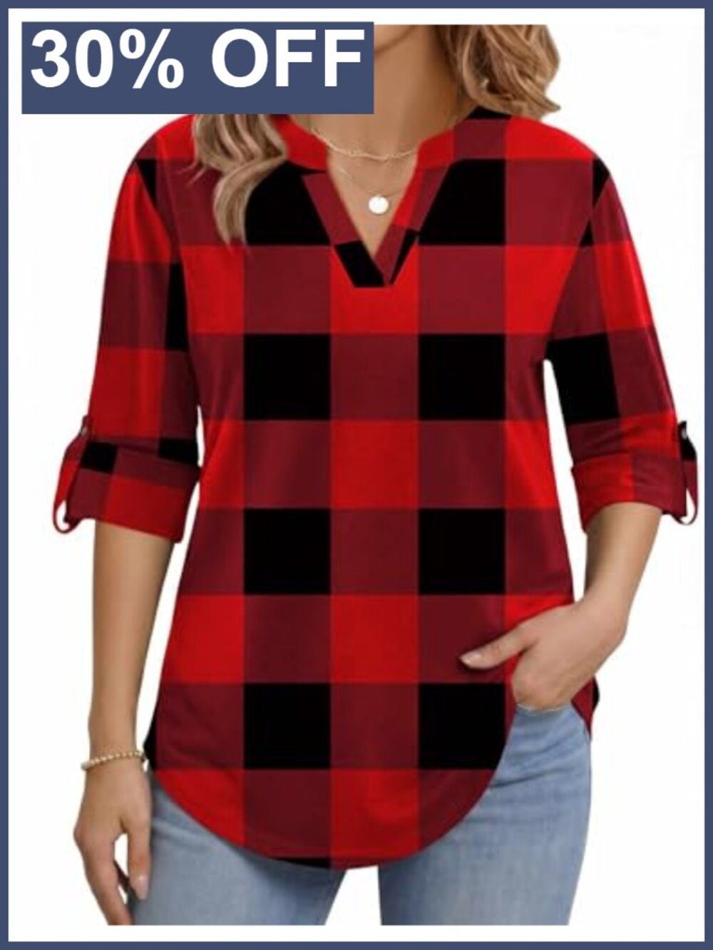 Womens Plus Size V Neck Tunic Blouse Roll Up Sleeve Plaid Shirt